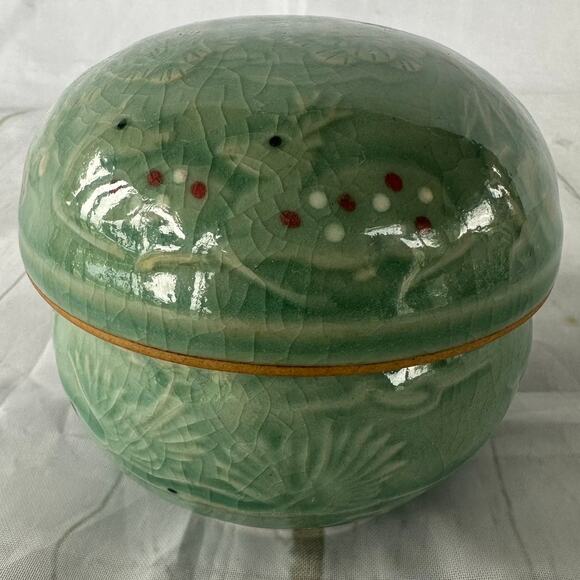 Vintage Celadon Porcelain 3 Piece Tea Infuser Strainer Cup Set Deer Floral - Picture 1 of 13